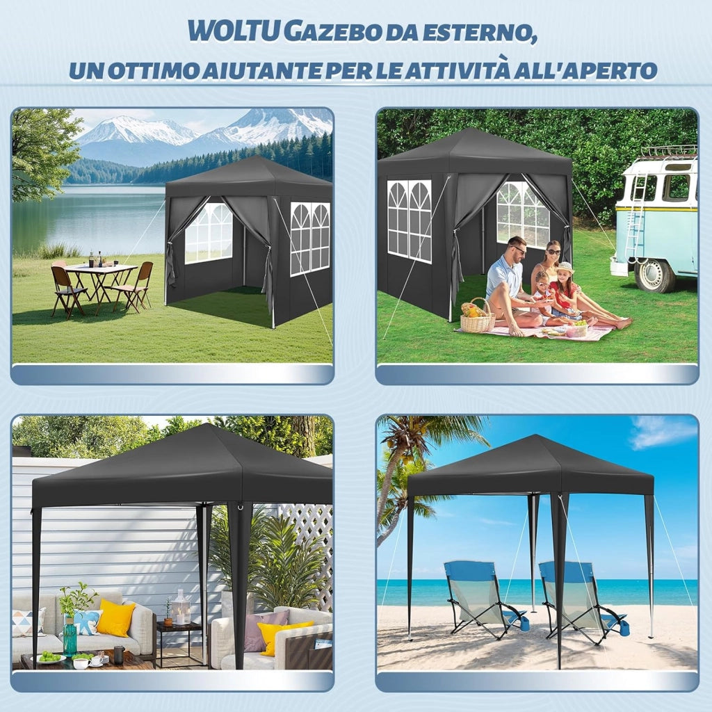 Gazebo Pieghevole da Giardino, Gazebo Impermeabile Pop Up da 2x2m con Pannelli Laterali, Tendone Esterno, Altezza Regolabile, Protezione UV, con Custodia, Antracite