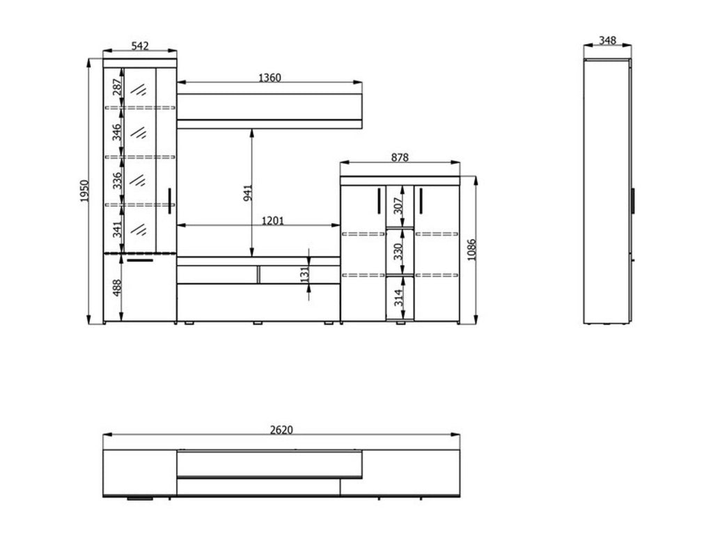 Mobile Soggiorno Oggiono, Parete Attrezzata Modulabile, 262x35x195h cm Bianco Larice