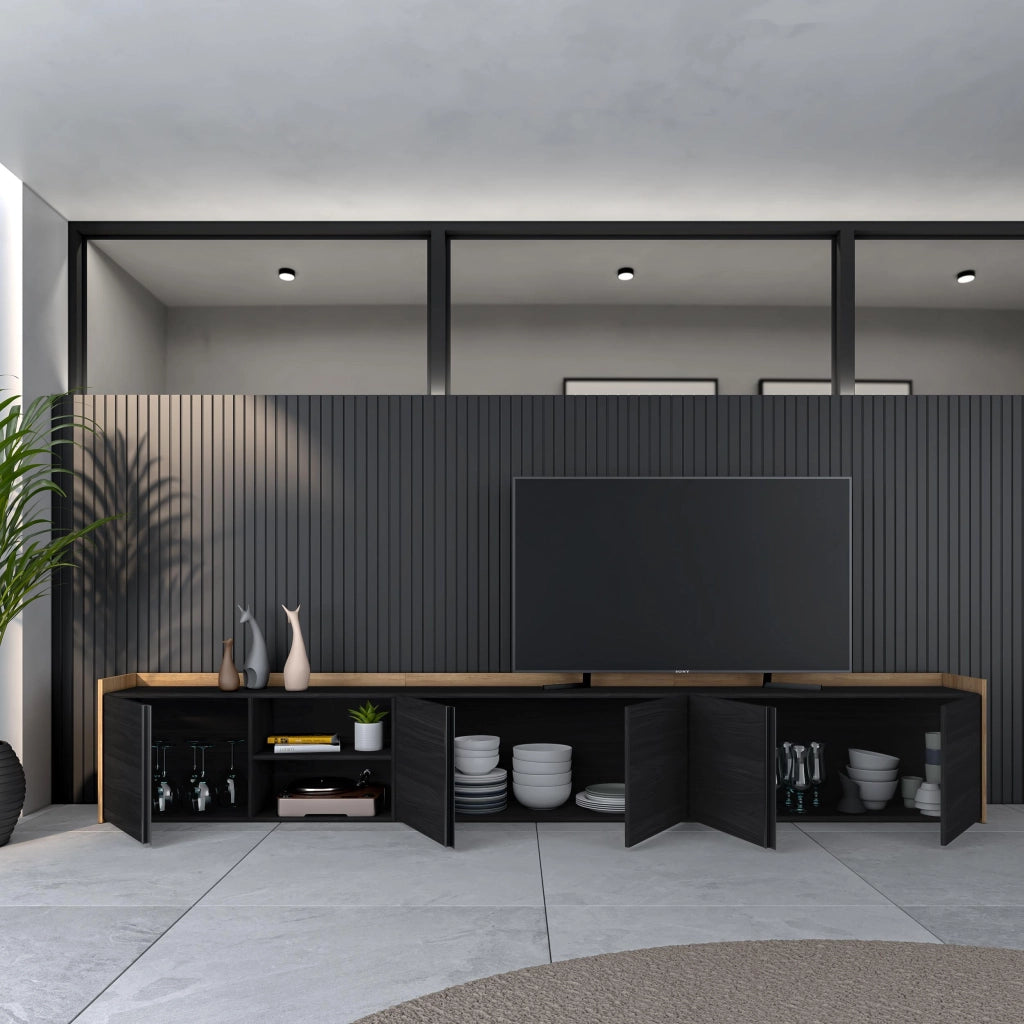 Mobile TV Soggiorno, 309x50x35 cm, Per TV fino a 80", Mobile Soggiorno, Nero e rovere