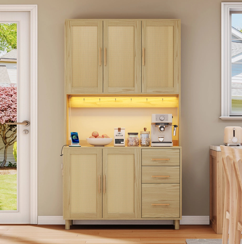 Credenza da cucina 183 cm con LED RGB, 2 prese e porta USB, ripiani regolabili e 3 cassetti