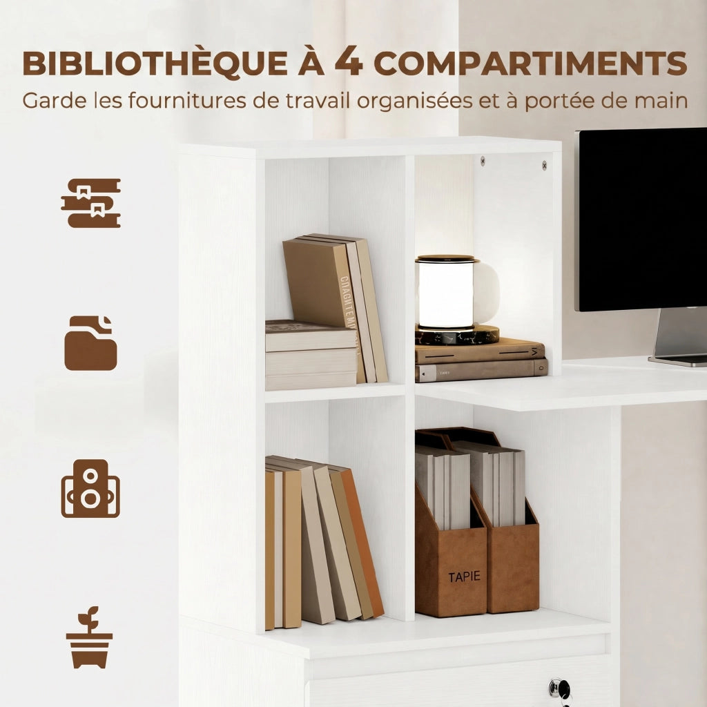 Scrivania computer con libreria 4 ripiani e cassetto ¨C Xylo ¨C Legno bianco 126x50x109 cm