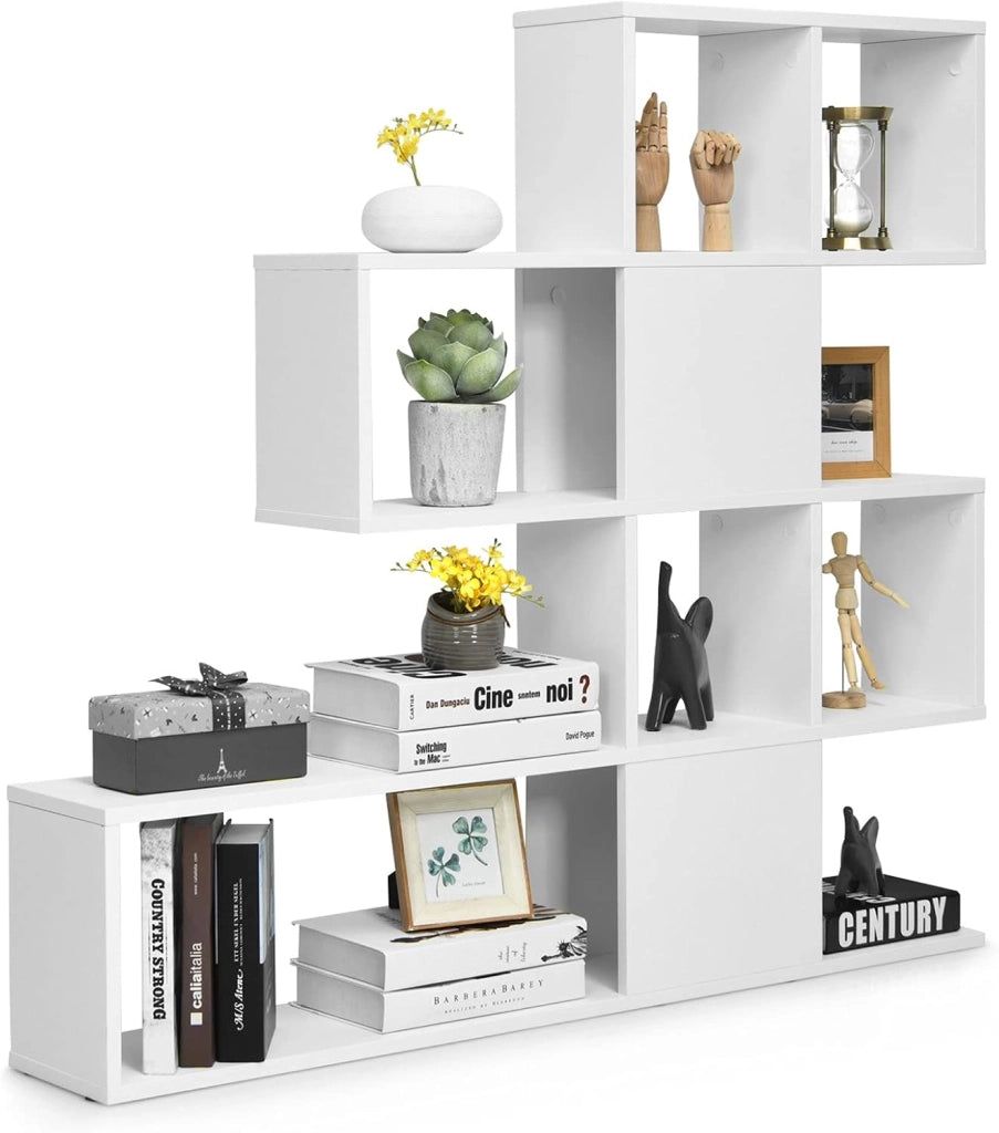 Libreria in Legno, 5 Livelli con Ante, Scaffale Multifunzionale a Forma di Scala, Ideale per Soggiorno Studio Ufficio, 120x19,5x109cm (Bianco)