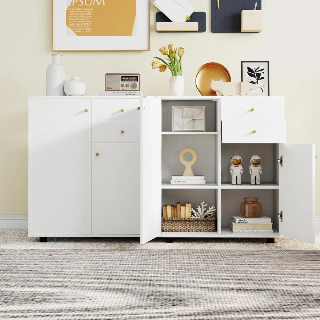 Mobile Dispensa con 2 Cassetti, Credenza da Cucina con 2 Ante, Mobiletto Basso con 3 Ripiani Regolabili, Armadio a Buffet per Sala da Pranzo, Soggiorno, 74x35x85,5 cm(L x P x A) (Bianco)