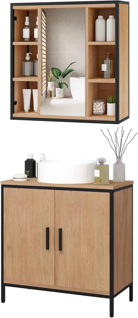 Set di mobili da bagno con armadietto a specchio in metallo + legno modello 11