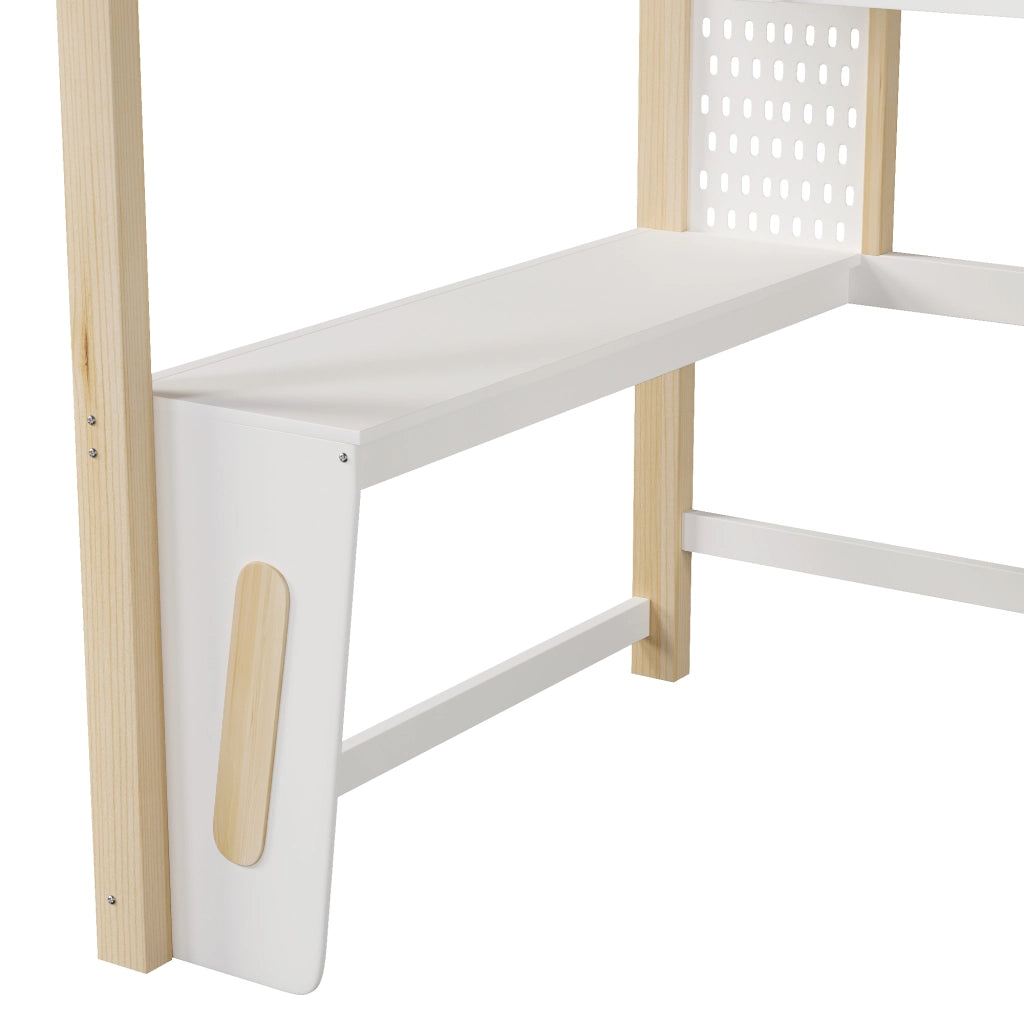 Letto a soppalco per bambini 140x200 cm, letto rialzato con scrivania integrata, pannello forato, illuminazione LED, pino, naturale e bianco