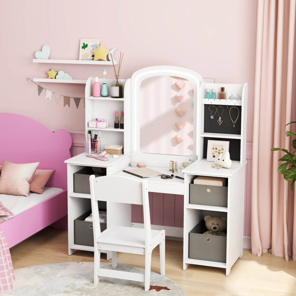 Tavolo da trucco bambini con sgabello e specchio LED ¨C zephmum ¨C 104x40x112 bianco
