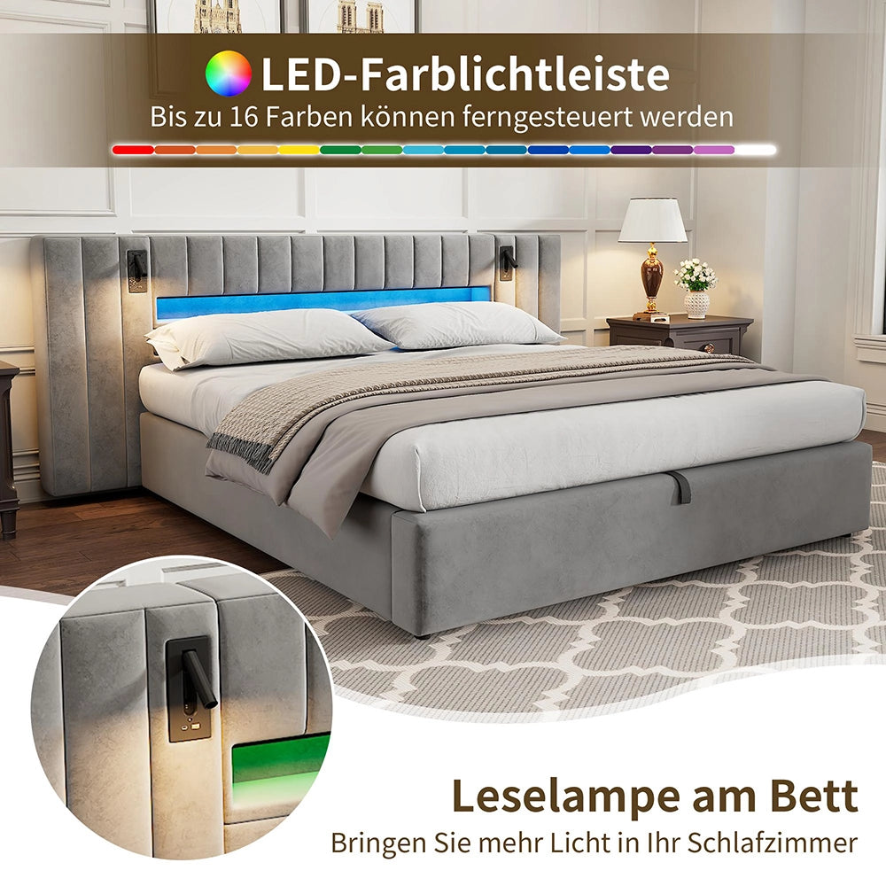 Letto-Xylo-180x200 cm-USB, LED, lampada, spazio idraulico, velluto grigio