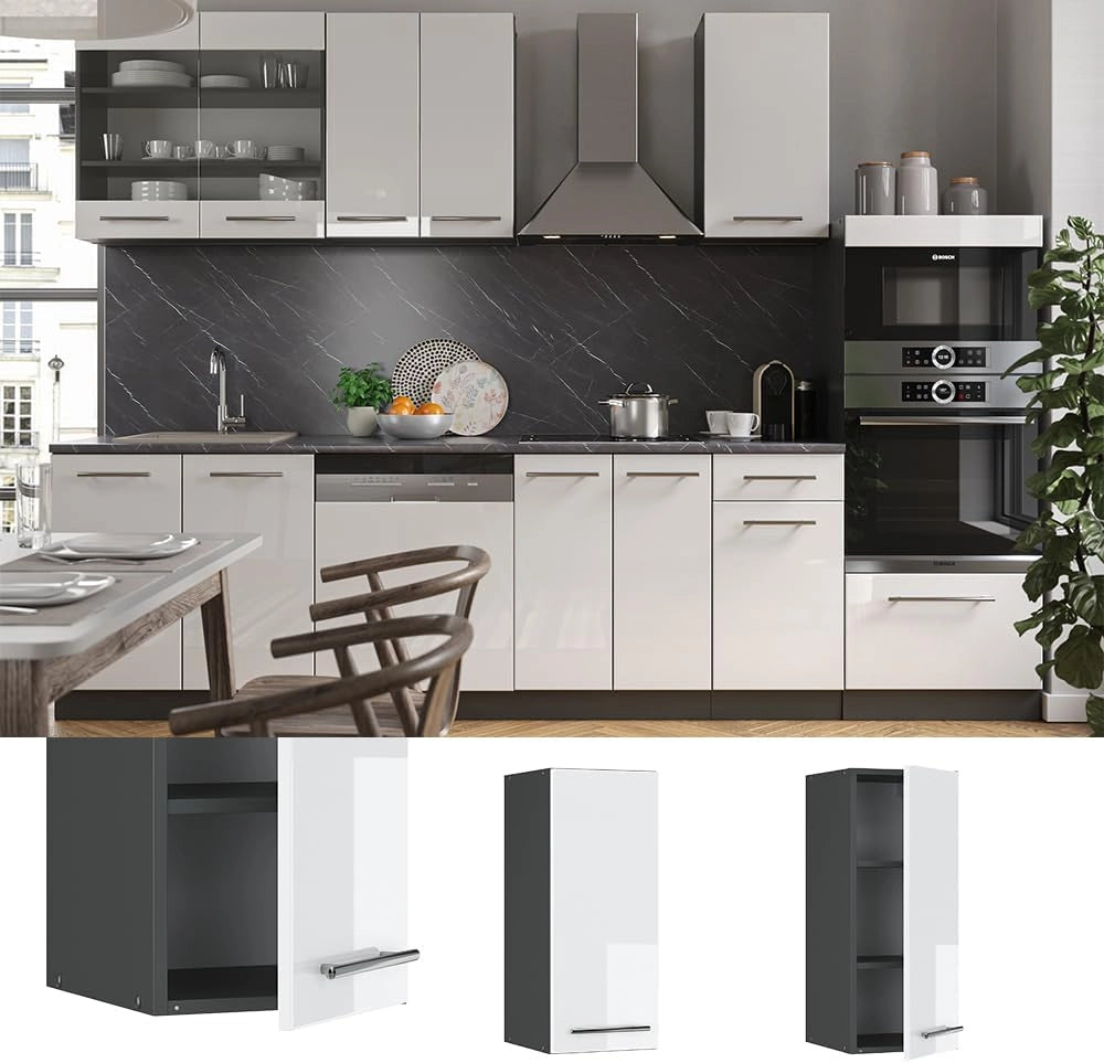 Mobile lavello cucina Fame-Line, Bianco lucido, 80 cm con ripiano, PL Antracite, per la combinazione con altri moduli della serie Fame-Line
