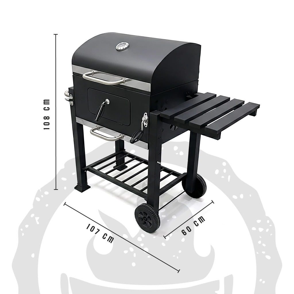 Barbecue a Carbone con Coperchio e Termometro, 1 Griglia di Cottura + Griglia Mantenimento, Apertura Frontale, Ripiano Laterale e Apribottiglie, BBQ da Giardino con Ruote