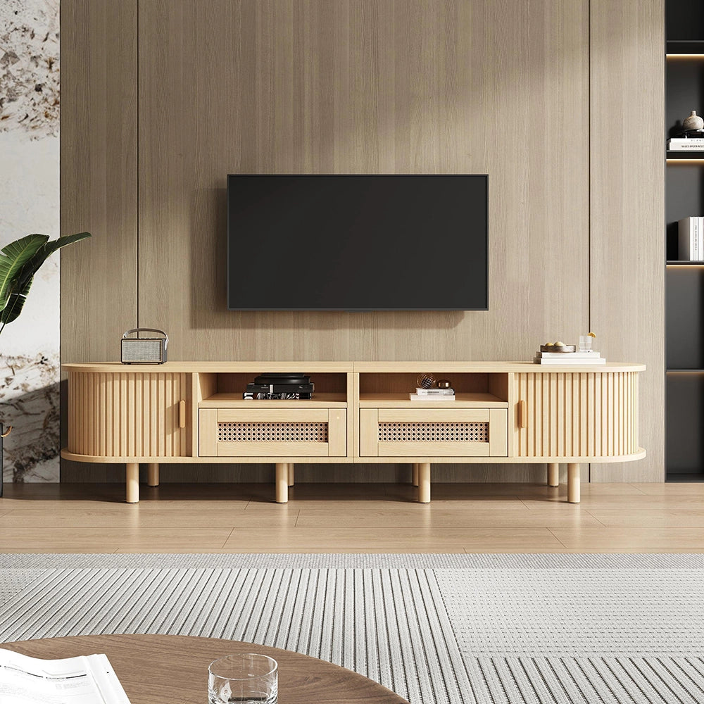 Mobile TV Ovale 170x40x40cm - Xylo - 2 Cassetti in Vimini, 2 Ante Scorrevoli, Legno