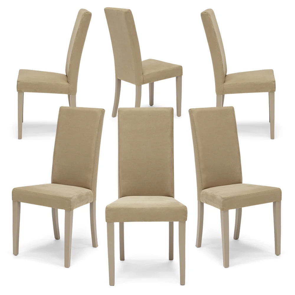 Set 6 sedie imbottite per sala da pranzo EDI NEW, 100% MADE IN ITALY, design moderno, rivestimento in tessuto idrorepellente effetto camoscio colore Camel Vintage, gambe in legno in tinta