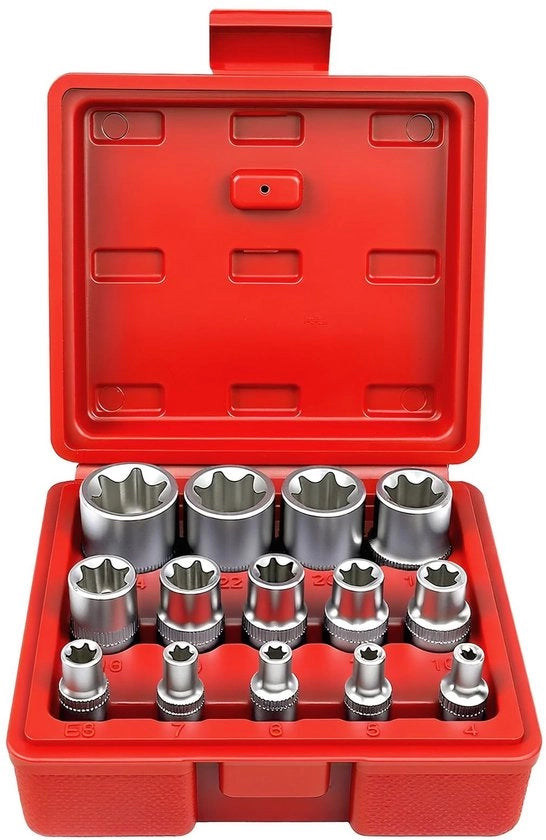 Kit a chiavi Torx 14 pezzi - E-Torx - Acciaio Cr-V - Diametro dell'asse di trasmissione 1/4", 3/8", 1/2" - Cassetto in plastica rigida - Ideale per il mantenimento e la riparazione - Chiavi Torx