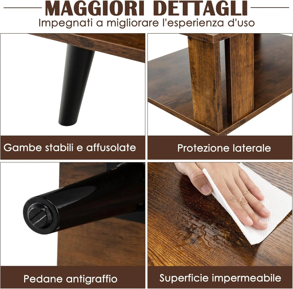 Tavolino da Salotto in Legno, Tavolino Centrale a 2 Livelli con Ripiano di Stoccaggio Aperto, Tavolino da caffè Industriale e Moderno per Soggiorno e Ufficio, Portata 50 kg, 70 x 50 x 41cm