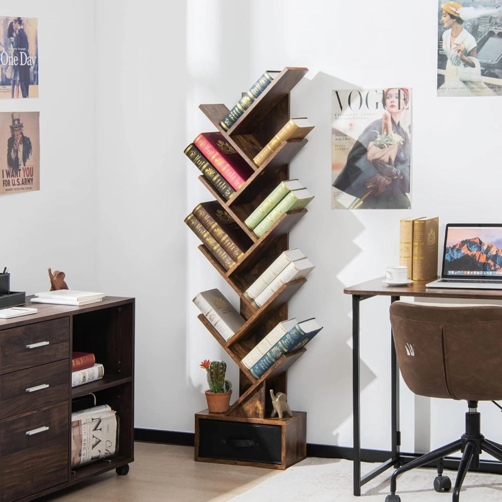 Libreria ad Albero in Legno, Scaffale a 10 Ripiani con Cassetto, Portaoggetti Autoportante per Soggiorno, Studio e Ufficio, 38 x 20 x 150 cm (Marrone)