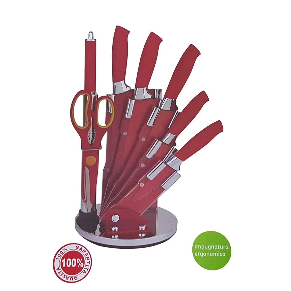 Trade Shop - Set Coltelli Con Ceppo 8 Pezzi Royalty Line Acciaio Rivestito Rosso Espositore -