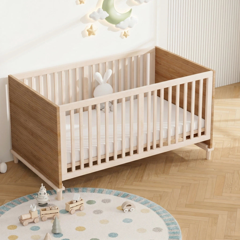 Lettino per bambini con rete a 5 altezze regolabili, struttura in legno massello e MDF, colore naturale, 144 x 74 x 87 cm