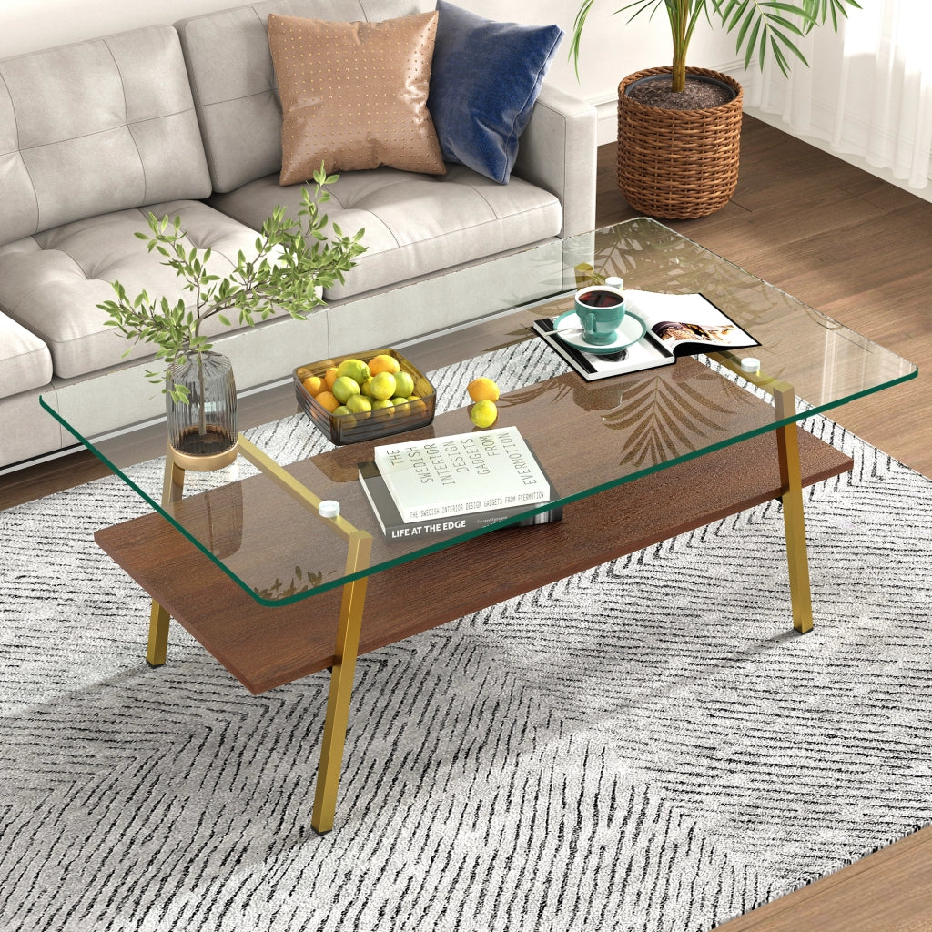TAVOLINO da caffè rettangolare 98x58x42,5 cm in vetro temperato, MDF e oro