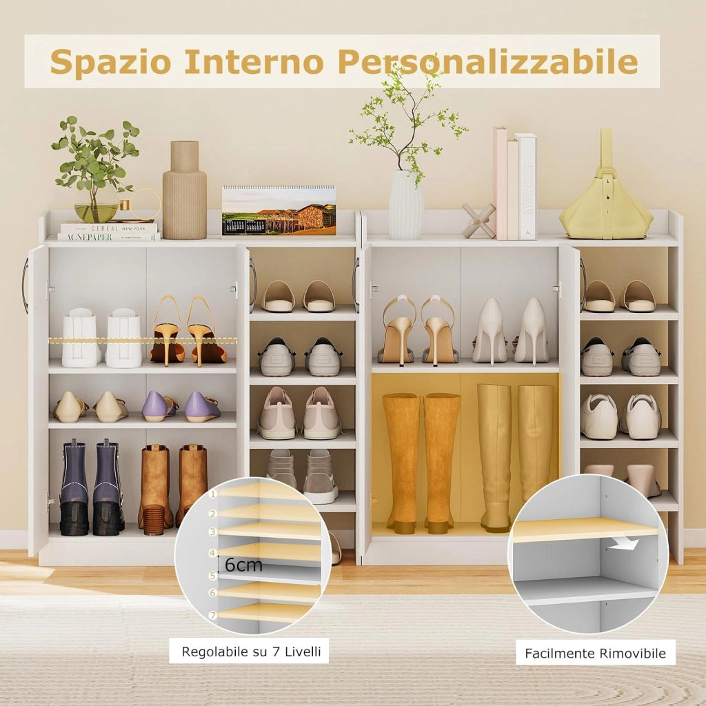 Armadio Porta Scarpe, Scarpiera con Ripiani Regolabili a 3 Posizioni, Mobiletto Multifunzionale a 2 Ante con 5 Scomparti Aperti, per Ingresso, Corridoio, Soggiorno, 83 x 31 x 91 cm (Bianco)