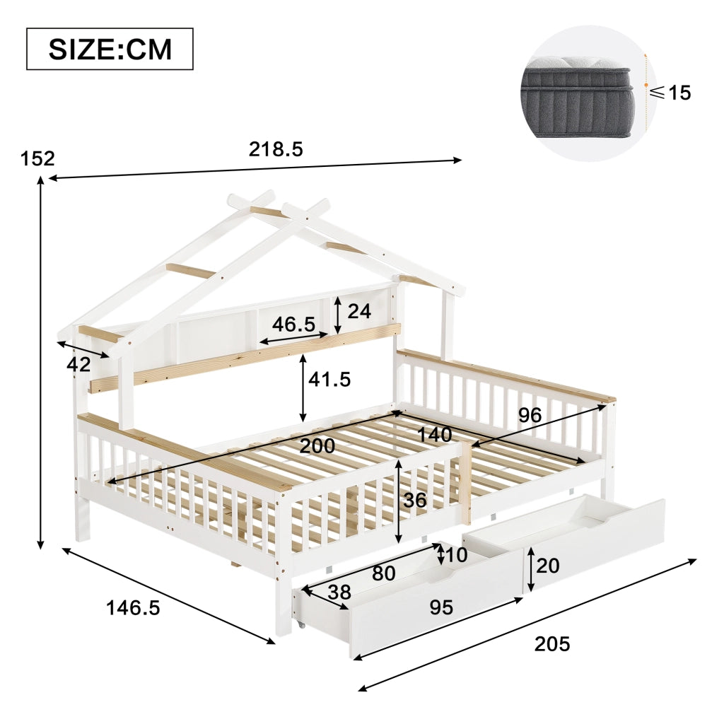 DESMIU Letto per bambini 140 × 200 cm con tetto, 2 cassetti, sponde di sicurezza, senza materasso, bianco e naturale