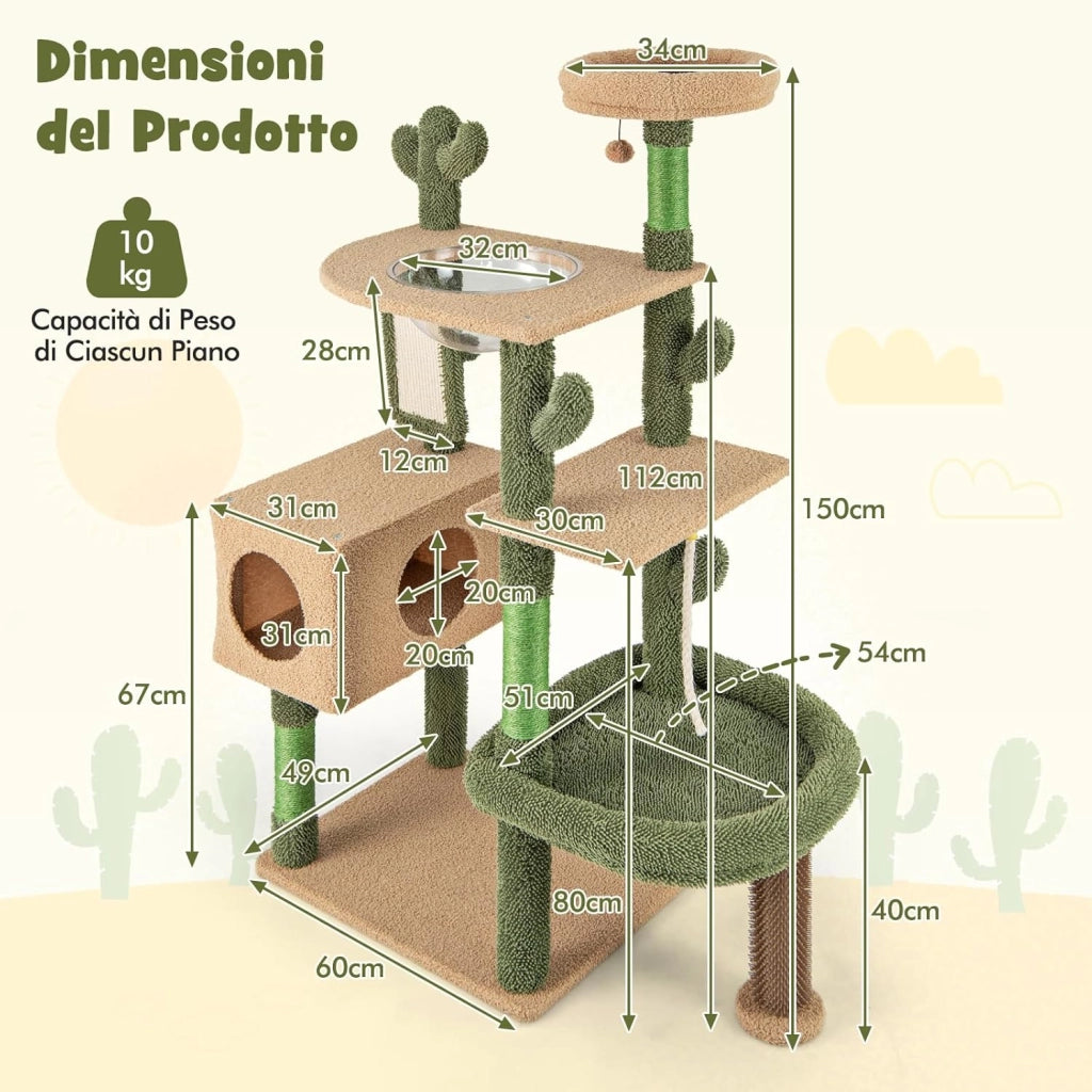Tiragraffi per Gatti 150 cm, Torre di Gatti Multilivello con Pali per Graffio in Sisal e Giocattolo Pendente, Centro Attività per Gatti a Forma di Cactus da Interno