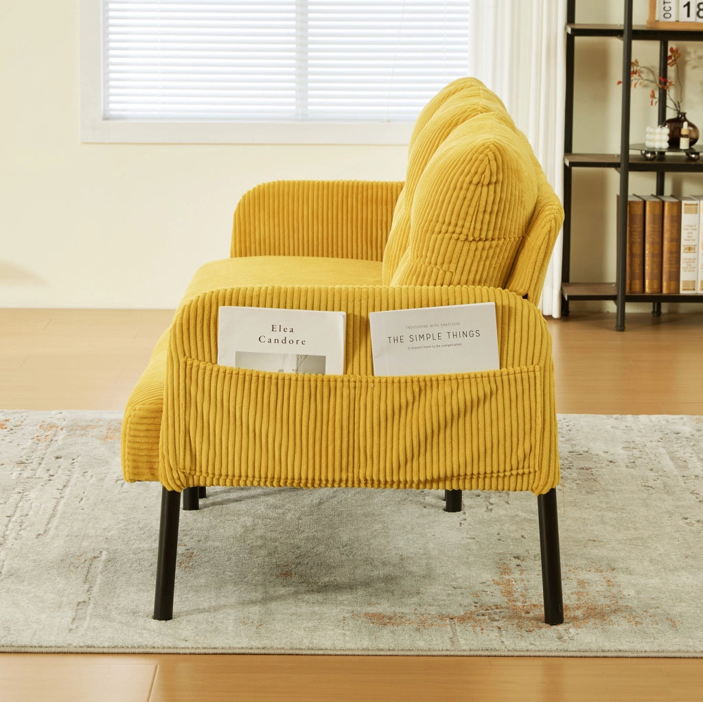 Divano 3 posti in velluto a coste giallo 171x72x80 cm con tasca laterale e struttura in metallo