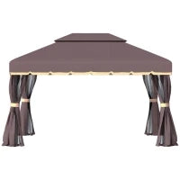 Gazebo da Giardino 3x4m con Doppio Tetto, Zanzariera e Tende, Alluminio e Poliestere, Color Caffè