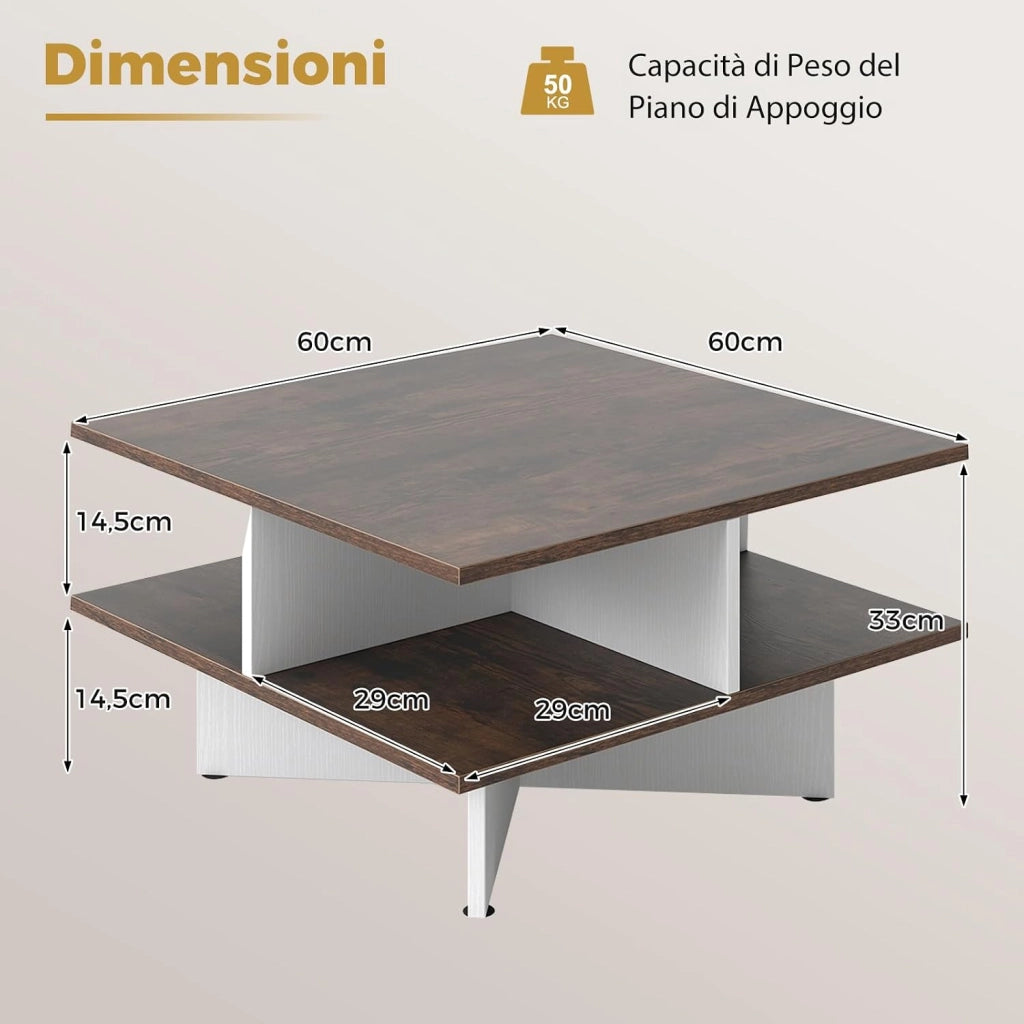 Tavolino da Caffè a 2 Livelli, Tavolo da Salotto con 4 Scomparti per Storage e Base a Croce, Tavolo Moderno per Studio, Ufficio e Soggiorno, Marrone e Bianco