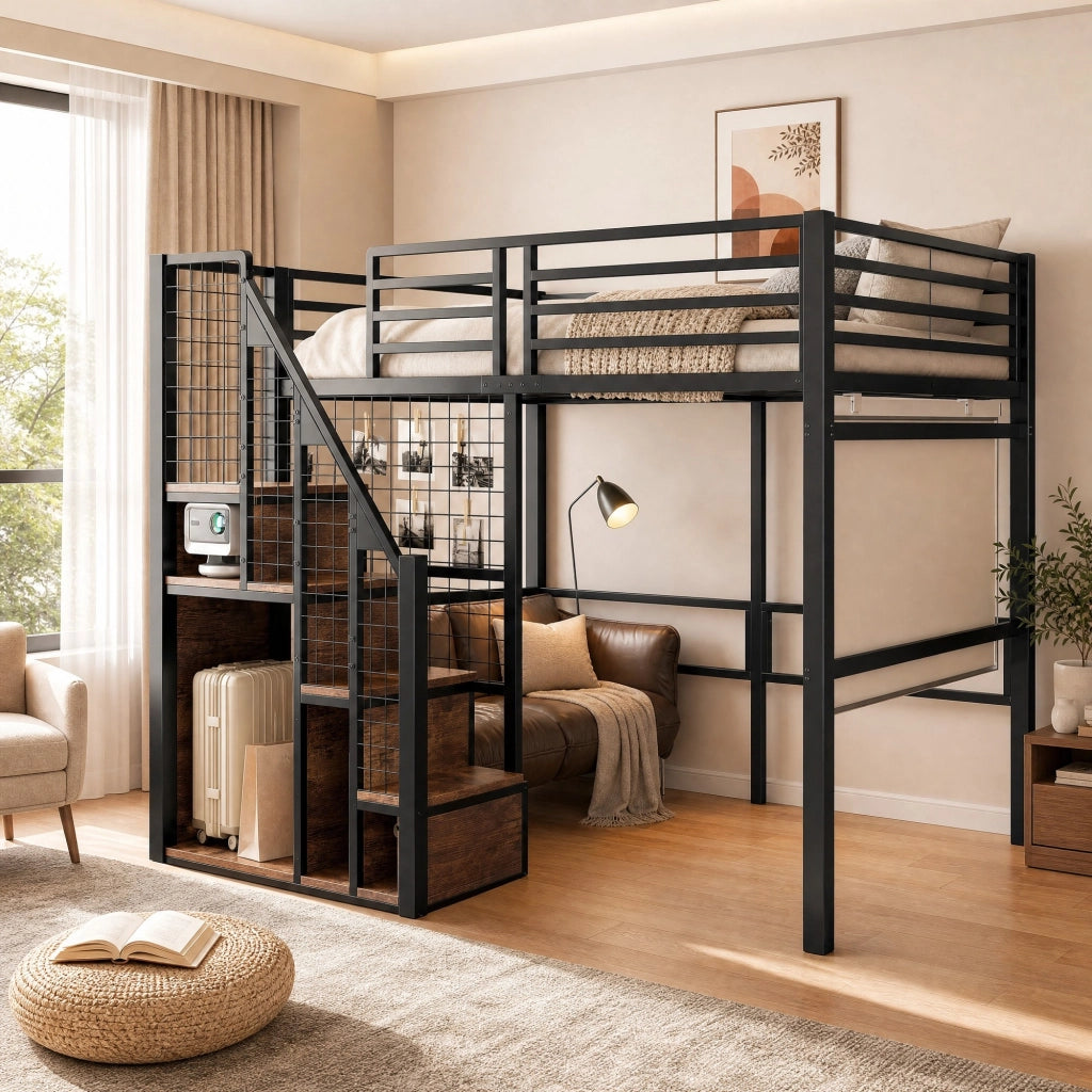 Letto a soppalco 140x200 cm in metallo nero con scala; zona appendiabiti e spazio sottostante
