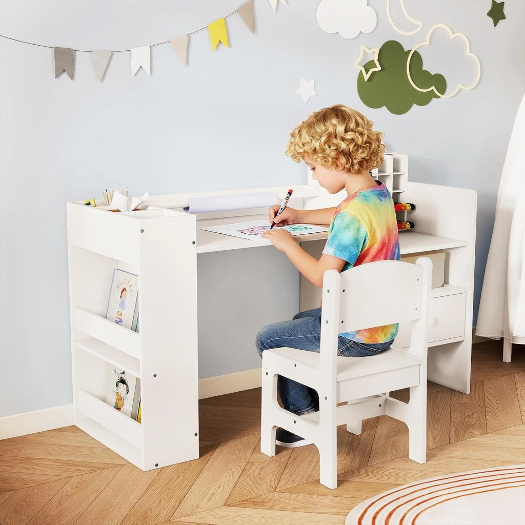 Set Tavolo e Sedia per Bambini 3+ con Porta Rotolo Carta Rimovibile | Scrivania Multifunzionale per Bambini con Mobile Cubo, Ripiani Laterali e Cassetto, Ideale per Lettura e Disegno