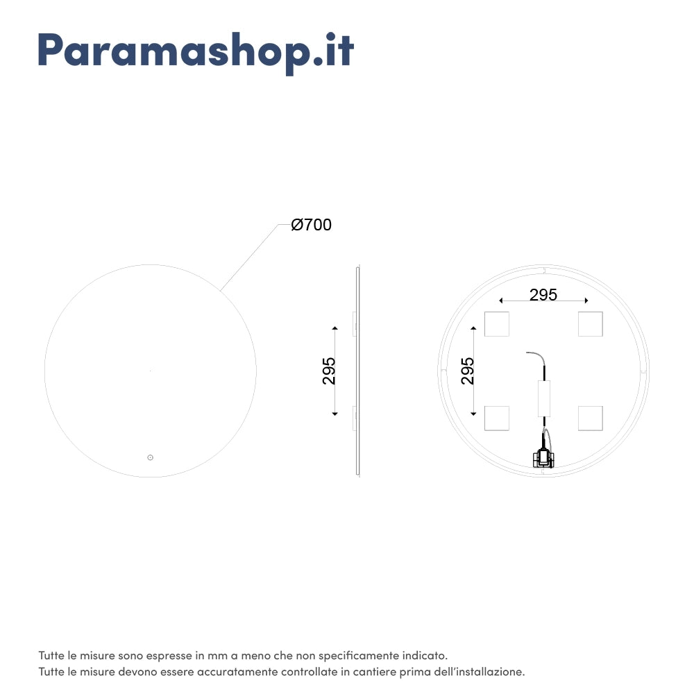 Specchio led tondo Ø 70 cm 3 mm retroilluminato luce fredda con sensore touch-screen | Alcor