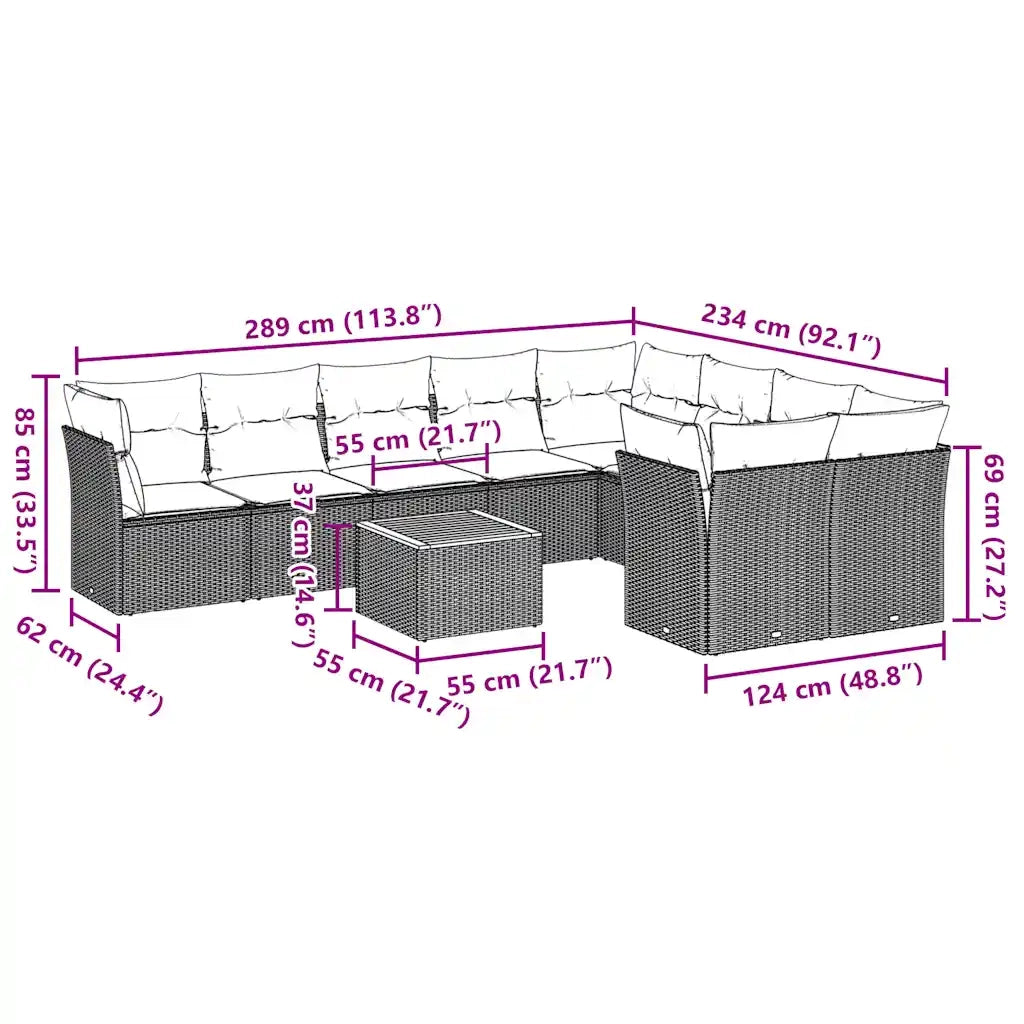 Set Divani da Giardino 10 pz con Cuscini Grigio in Polyrattan