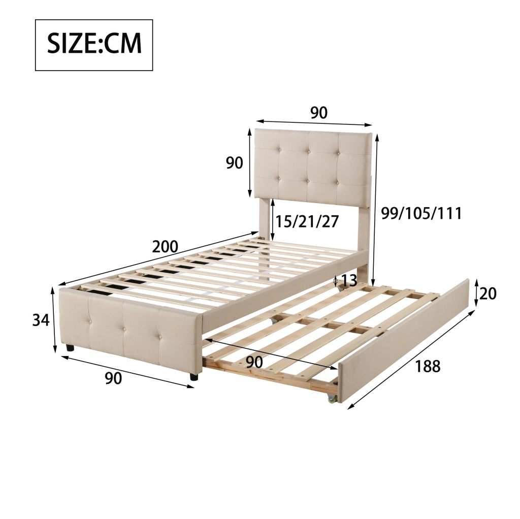 Letto imbottito per bambini 90x200 cm con letto estraibile; testiera regolabile; beige
