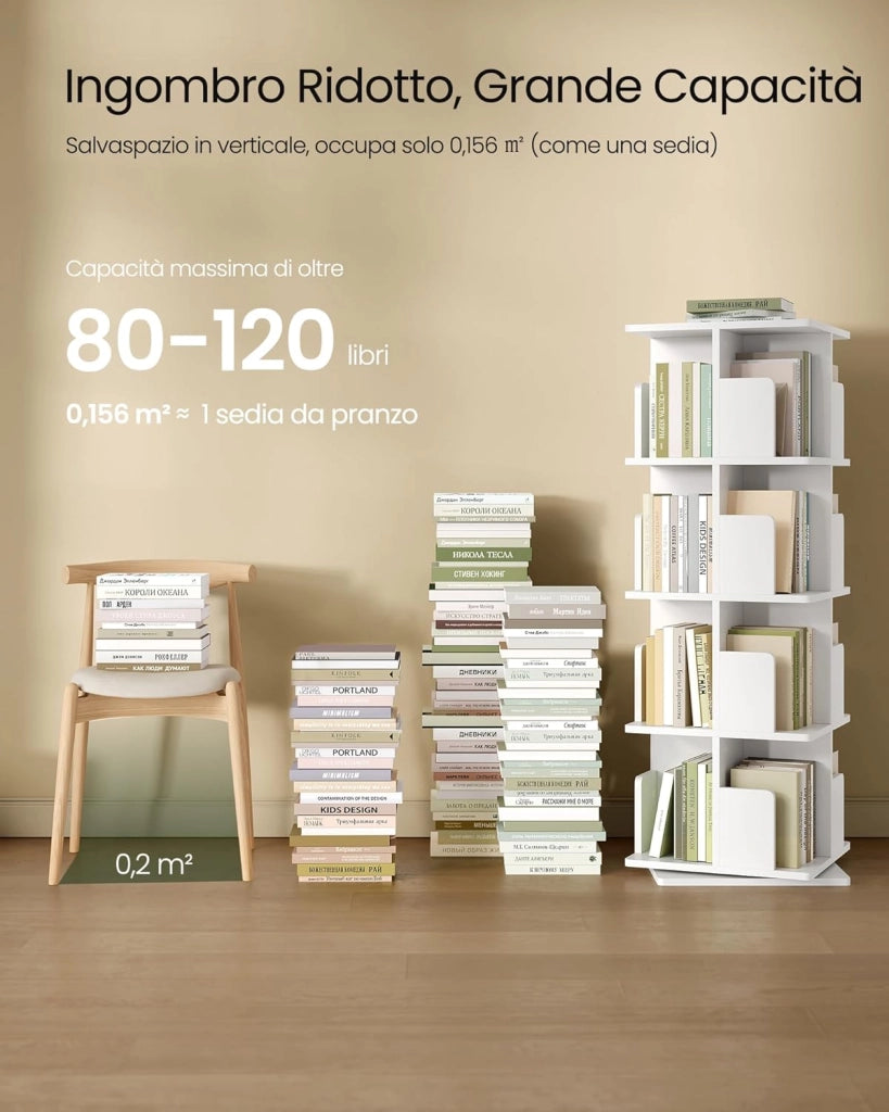 Libreria Girevole a 360°, Scaffale Multilivello Moderno con Kit Antiribaltamento, Ripiano per Soggiorno Ufficio, 40x40x129cm, Bianco