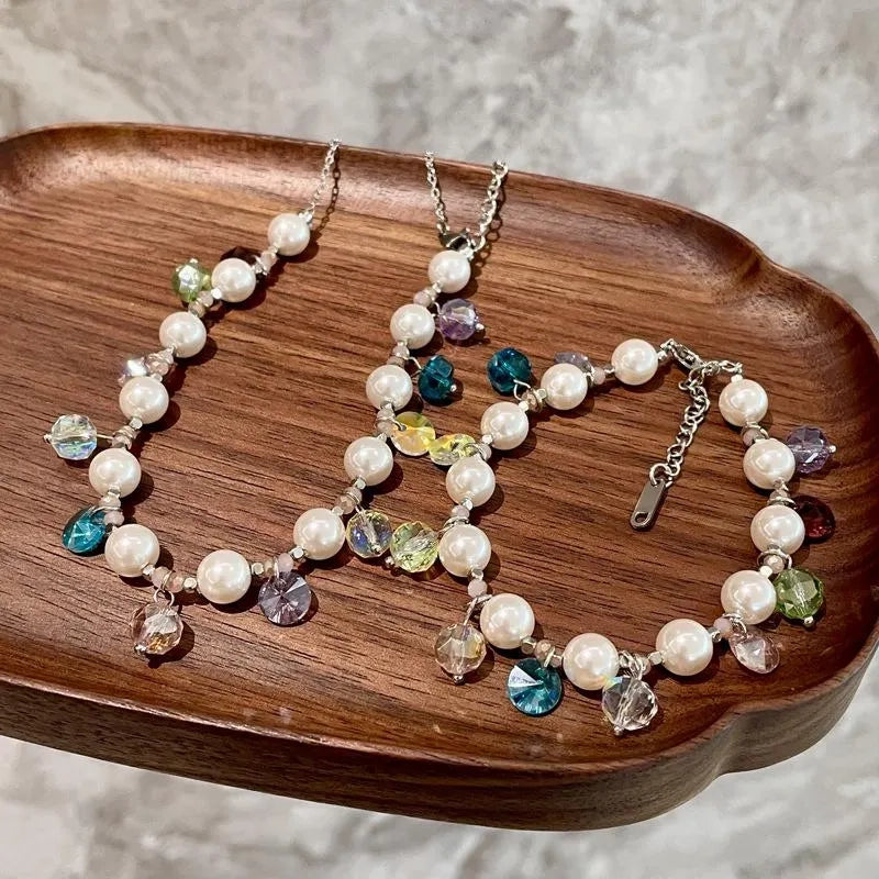 Collana e bracciale fatti a mano con perline colorate, cristalli e perle, regalo di Natale o di compleanno.