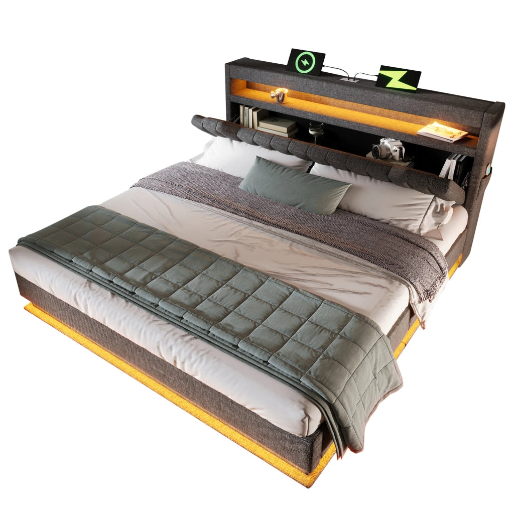 Letto matrimoniale 160x200 cm in lino grigio con LED; USB; contenitore idraulico e materasso