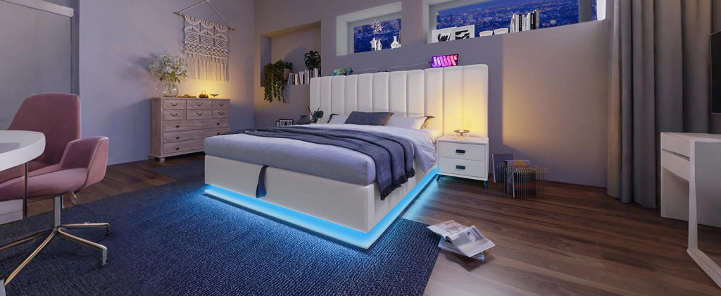 DESMIU Letto contenitore 2 posti con USB-C, LED regolabile e vano contenitore 180 × 200 cm, senza materasso