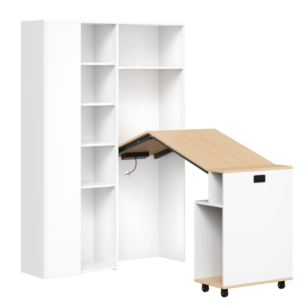 Scrivania pieghevole 104.5x30.5x160 cm con libreria integrata; presa USB; MDF bianco