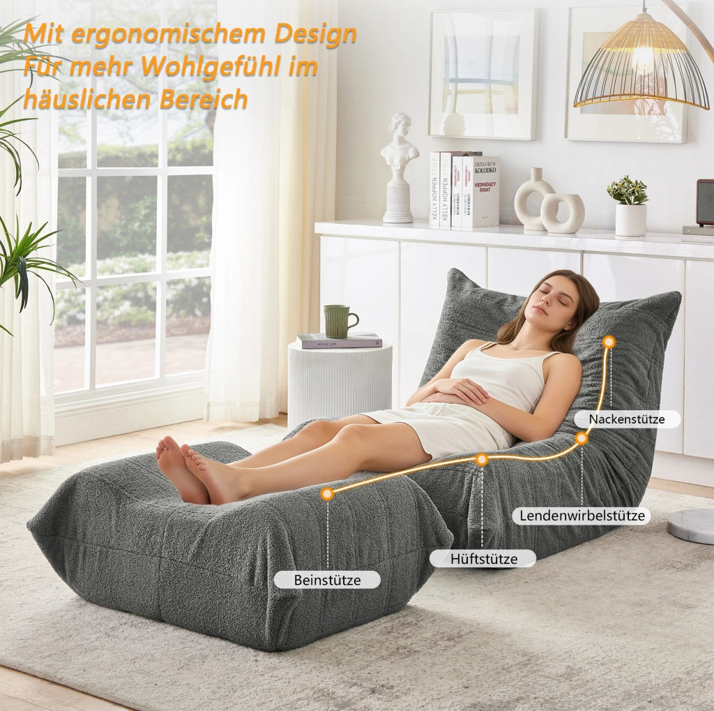 Poltrona relax da pavimento con pouf in teddy grigio