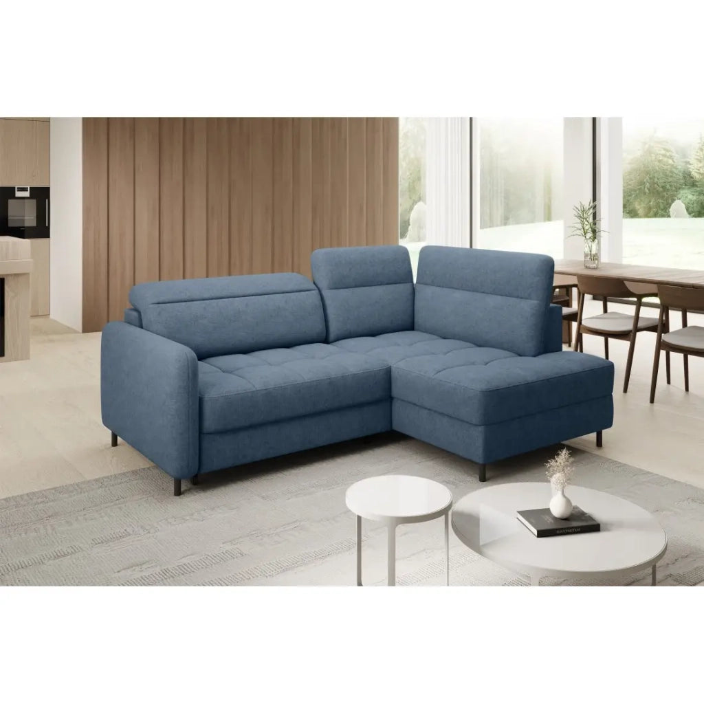 Divano angolare destro convertibile BARNEA 208 cm blu navy mélange con contenitore