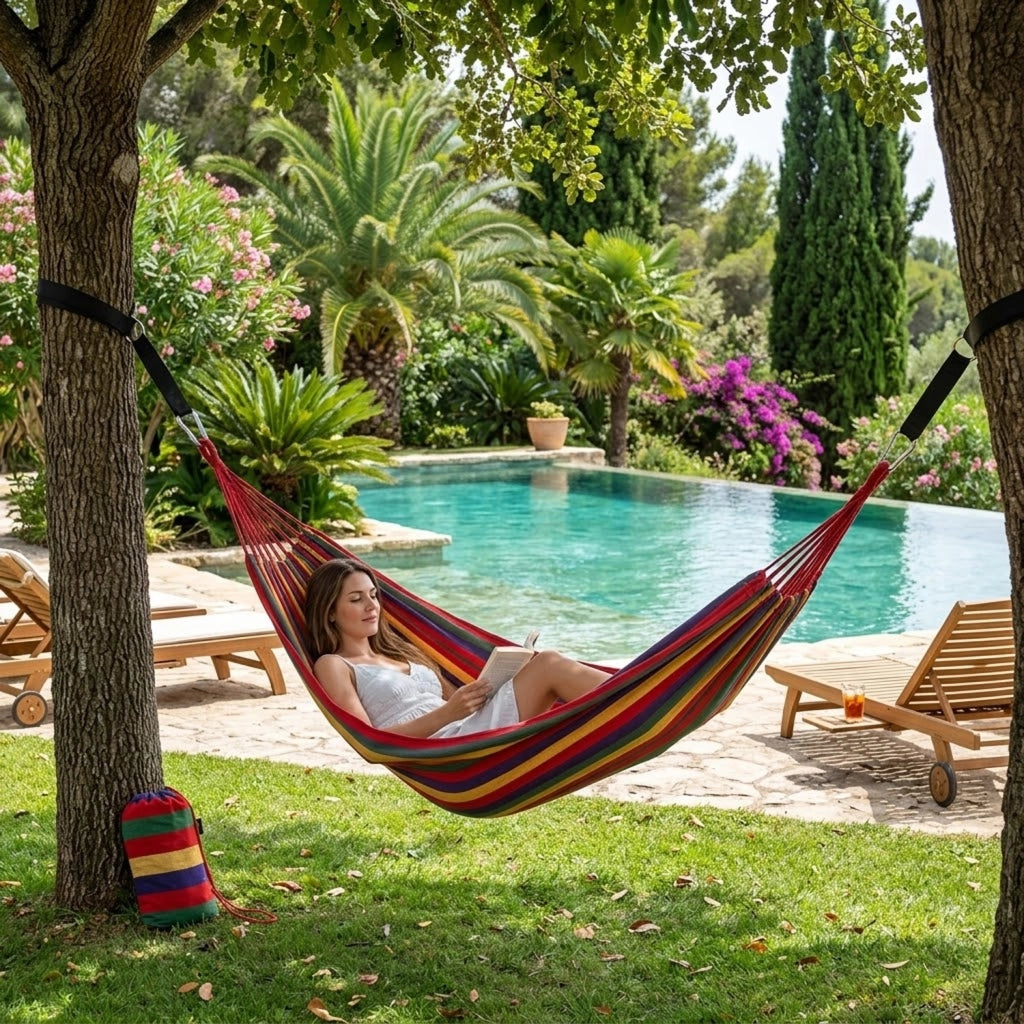 Amaca Per Outdoor E Campeggio Con Borsa Portaoggetti Cinghie E Moschettoni Inclusi Struttura Anti Ribaltamento In Cotone Portata 300 Kg 270 x 150 Cm Rosso