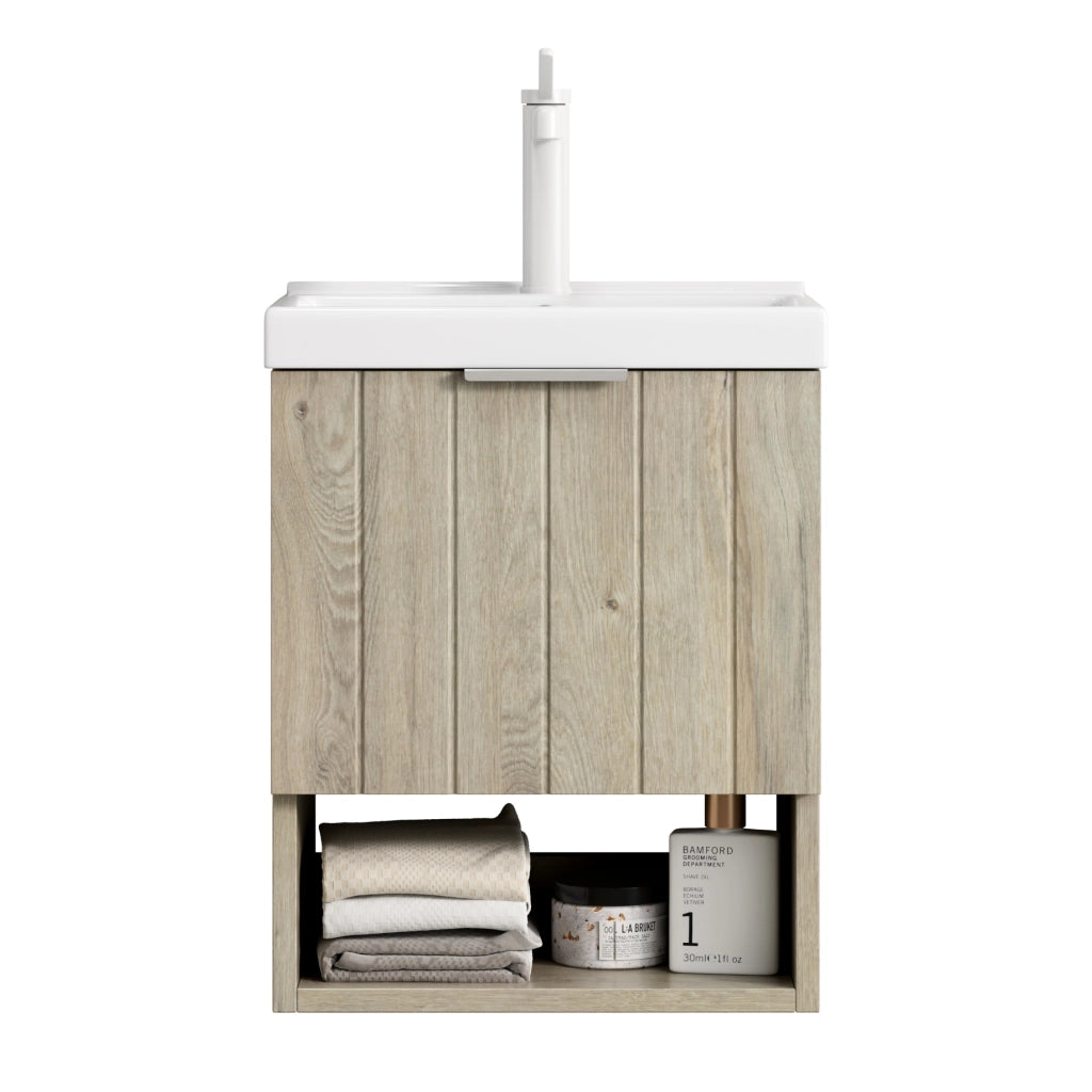 Mobile bagno sospeso con 2 ante e ripiano aperto; lavabo in ceramica bianca; per bagno; 49×39×61 cm; bianco