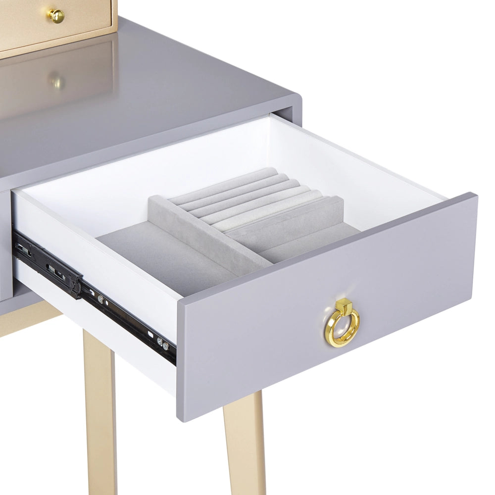 Toeletta in legno MDF e poliestere 4 cassetti grigia e dorata con sgabello e specchio LED camera da letto soggiorno