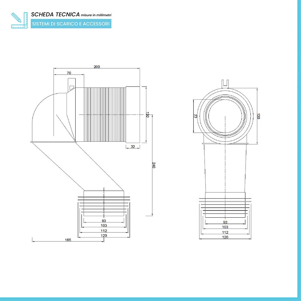 Curva tecnica traslata diametro 110 mm accorciabile per scarico WC