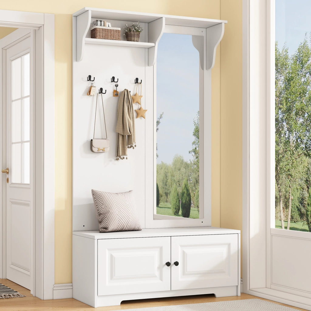Mobile ingresso multifunzione 100 x 40 x 180 cm con specchio; 5 ganci; 2 vani; bianco