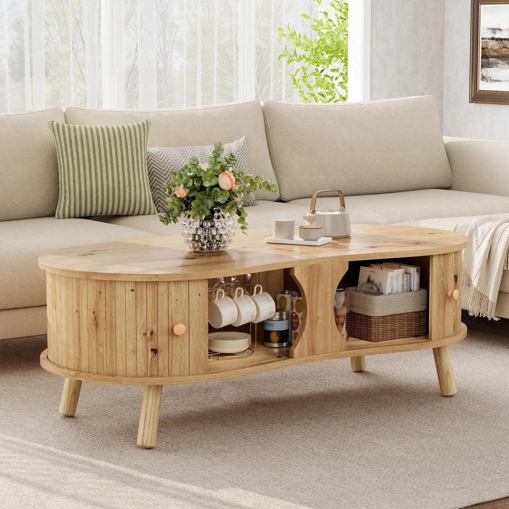 Tavolino da Salotto a Forma di Pisello con 2 Ante Scorrevoli ¨C MINIMAL ¨C MDF, Gambe in Legno Massello