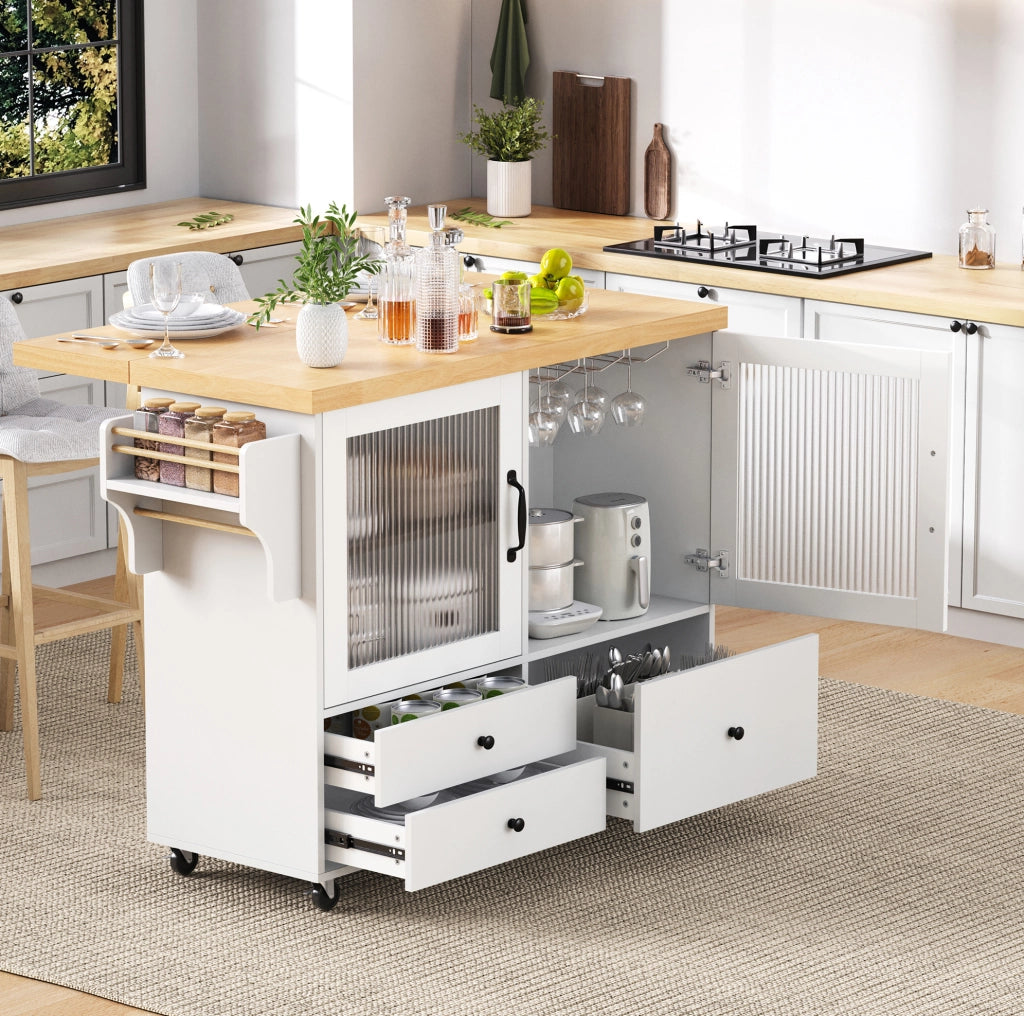 Isola cucina con piano estraibile 100x42-70x91.5 cm; ruote; spazio contenitivo; MDF bianco naturale