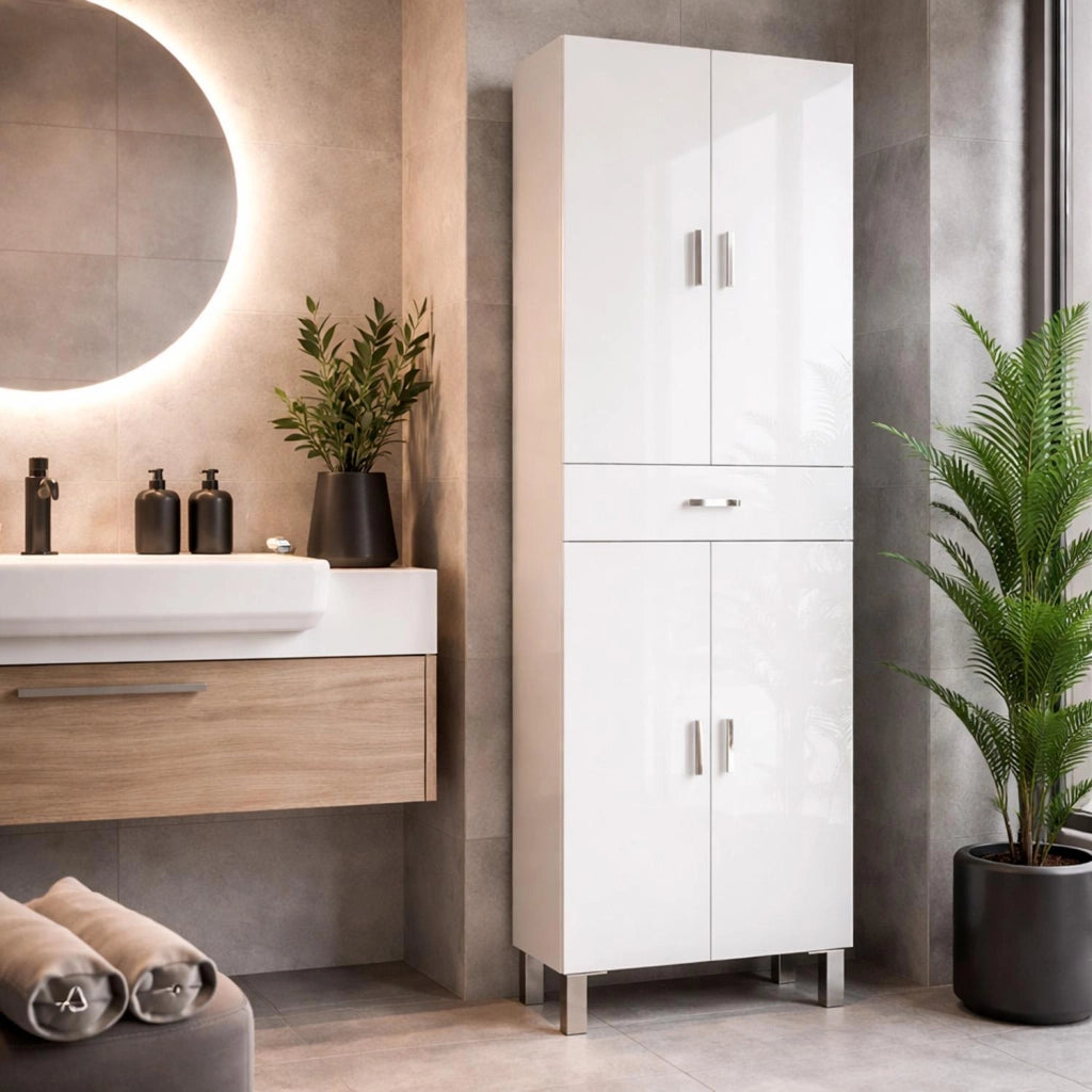 Colonna Bagno 4 Ante 4 Ripiani Cassetto Mobile Alto Moderno Salvaspazio Mensole Regolabili Elegante Minimal Per Lavanderia Ripostiglio 182 X 60 X 29 Cm Colore Bianco