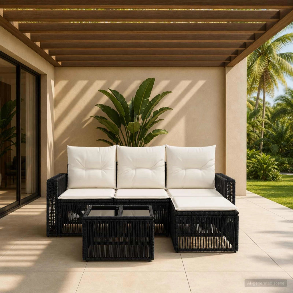 Set Divano da Giardino 5 pz Nero e Bianco Crema polyrattan 3435106