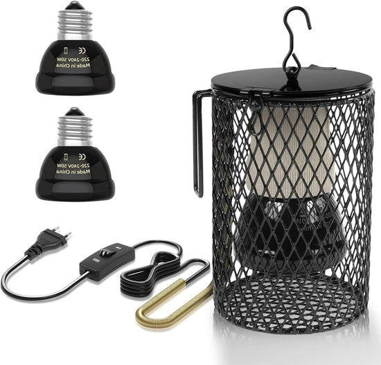Lampada di Riscaldamento Antiverdatura - 2 Pezzi E27 Lampada di Riscaldamento con Copertura Protettiva - Con Interruttore e Disegno a Gancio per Rettili, Tartarughe, Polli, Uccelli