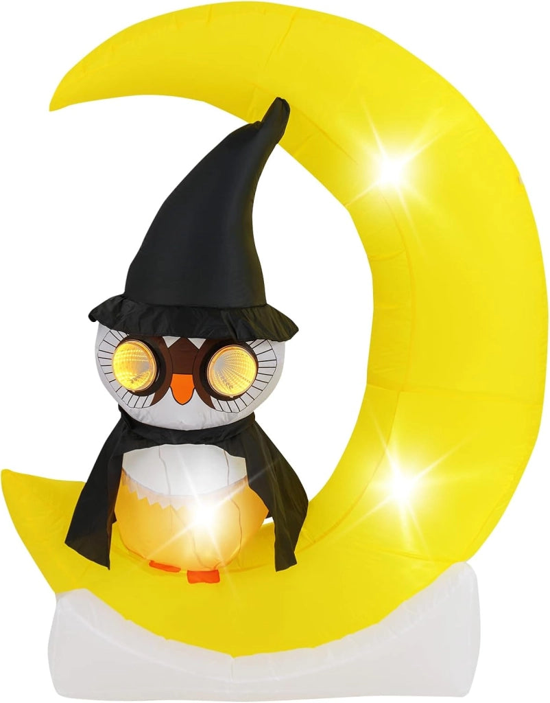 COSTWAY Decorazione Gonfiabile per Halloween 130 x 155 CM, Decorazione di Halloween Illuminata con LED e Grande Luna e Gufo Mago e Soffiatore Incorporato, per Cortile, Prato e Feste